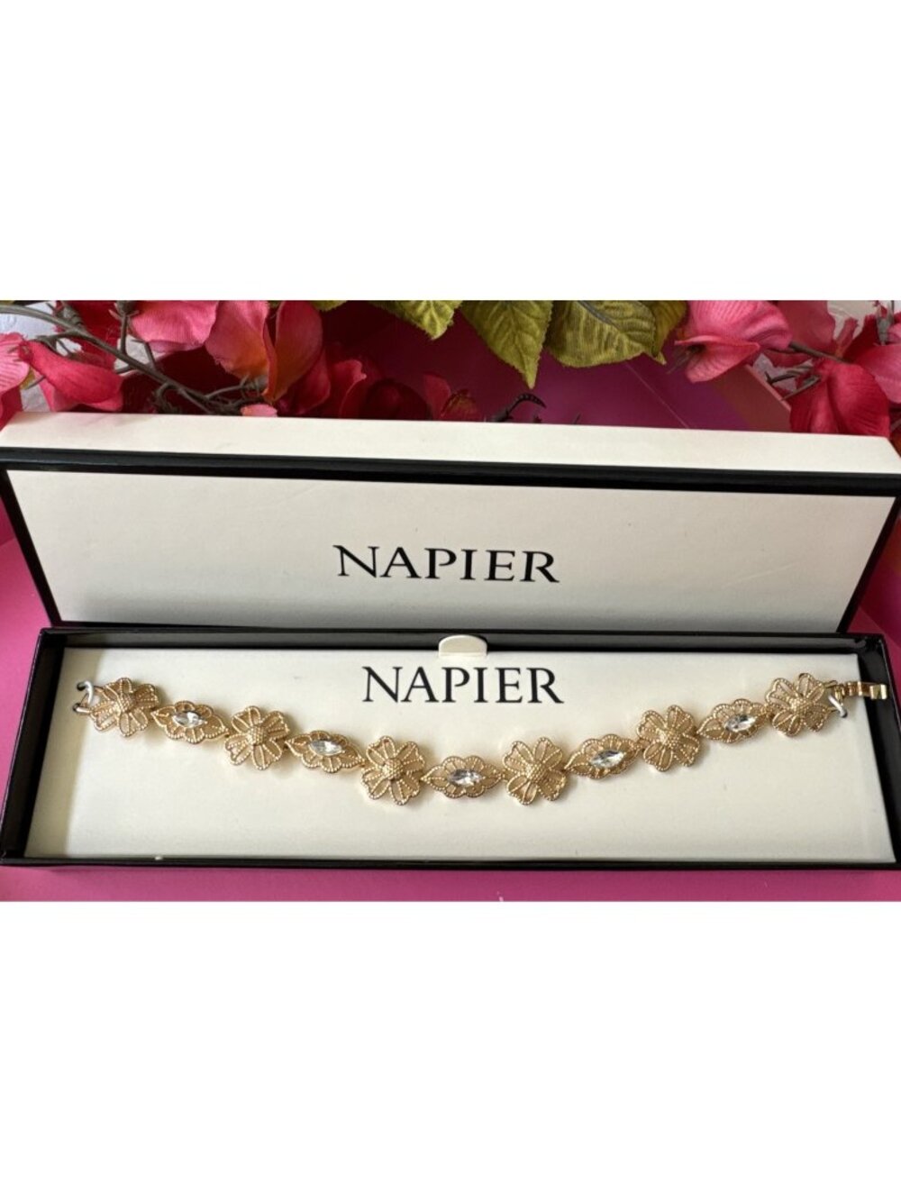 Napier Dainty Feminine Filigree Flower Rhinestone Charm Bracelet NEW In Box